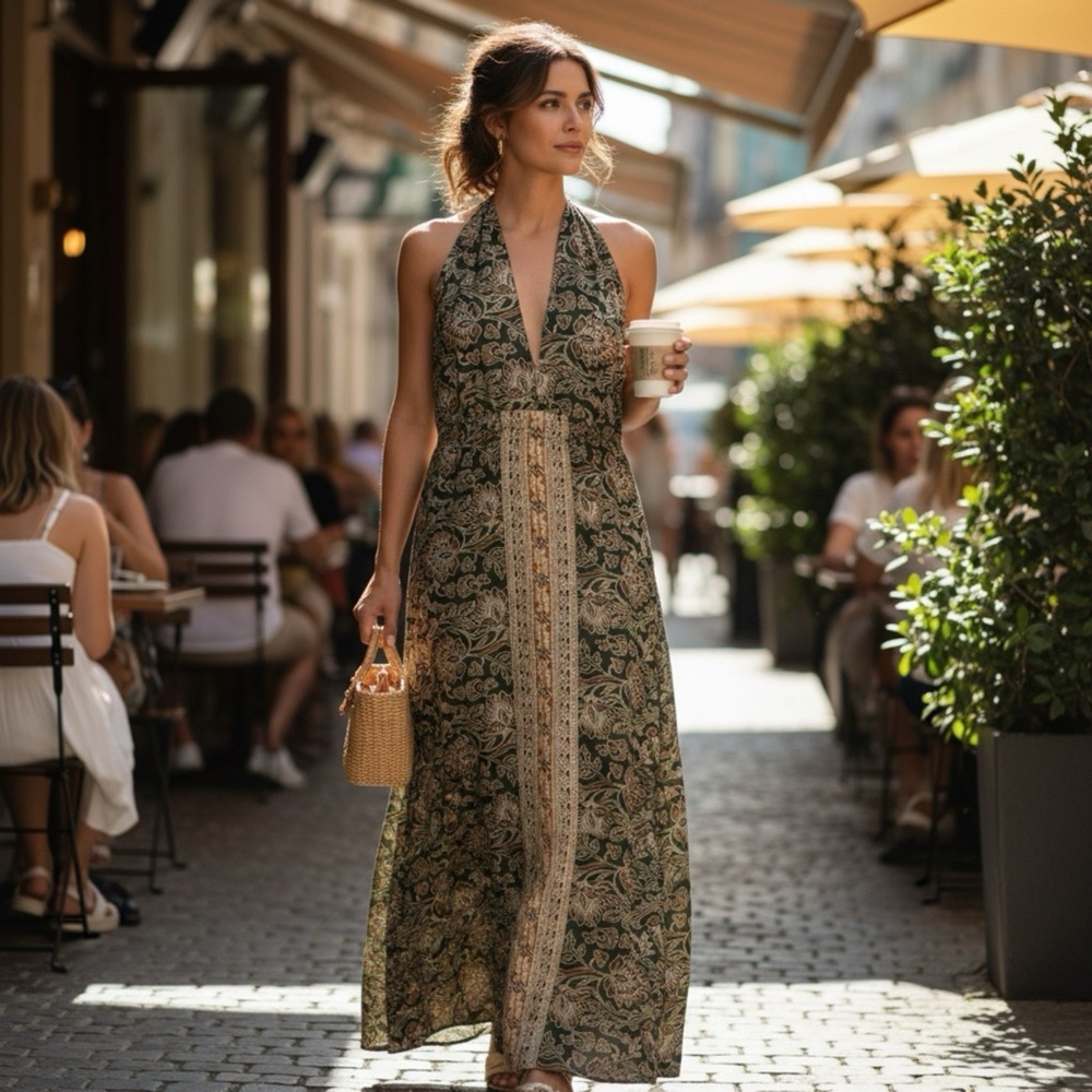 NWT Anthropologie RAGA  Elegant Green/Cream Paisley Maxi Dress Size Large Beach